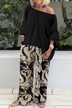 Casual Off-shoulder Sets, Black Floral Print Sets For Vacation, Loose Suit, Trousers Women Wide Leg, Classic Style Women, Crop Top Blouse, Casual Sets, Cutout Dress, Two Piece Sets