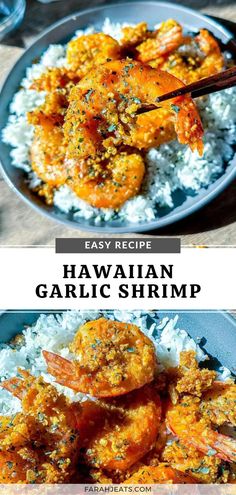 Top photo is of hawaiian garlic shrimp served on a bed of white rice, in a grey plate. A piece of shrimp is held up to the camera with a pair of wooden chopsticks. The bottom photo is a closeup of the shrimp. Shrimp Recipes Hawaiian, Hawaiian Dinner Ideas, Seafood Dishes For A Crowd, Tropical Dinner Recipes, Tropical Shrimp, Shrimp With Heads On Recipes, Shrimp And Pineapple, Hawaiian Fish, Hawaiian Thanksgiving Recipes