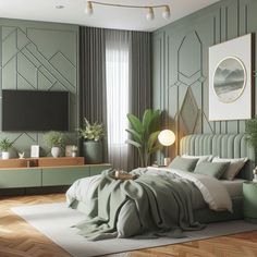 a bedroom with green walls and wood flooring is pictured in this image, there are plants on the nightstands next to the bed