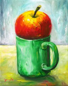 a painting of an apple in a green mug