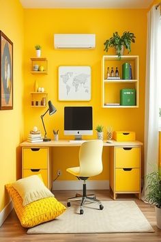 an office with yellow walls and white furniture