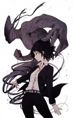 an anime character with long black hair and a white shirt, standing in front of a demon