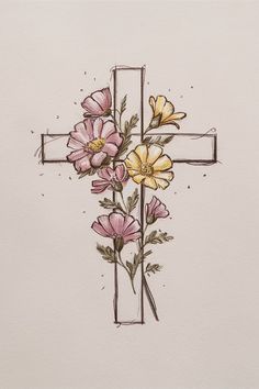 a cross with flowers painted on it in watercolor and ink by artist mark taylor