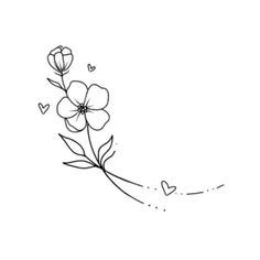 a line drawing of flowers with hearts on the bottom and one flower in the middle