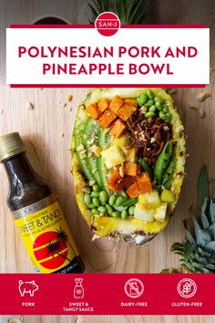 an advertisement for polynesian pork and pineapple bowl on a wooden table with pineapples