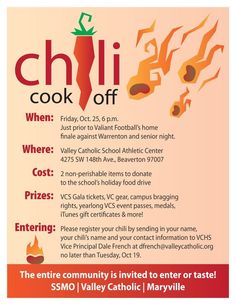 the flyer for chili cook off is shown in red and orange with an image of a carrot