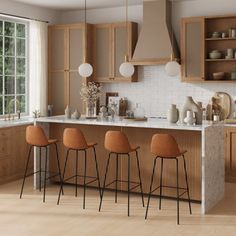 an image of a kitchen setting with bar stools in the center and wooden cabinets