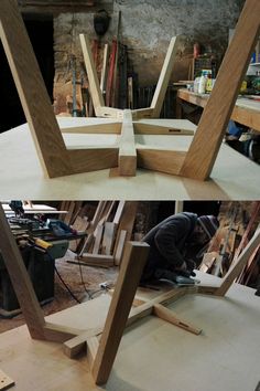 two pictures side by side showing the process of making wooden chairs with woodworking tools