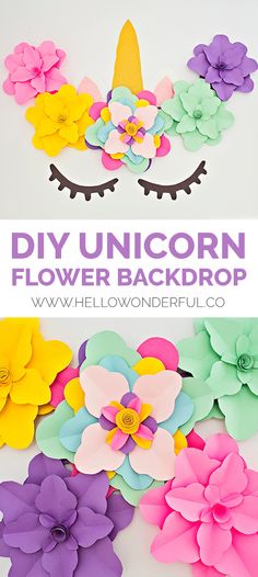 unicorn flower backdrop with text overlay that says diy unicorn flower backdrop