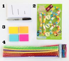 the contents of a crafting kit including markers, magnets and pens are shown