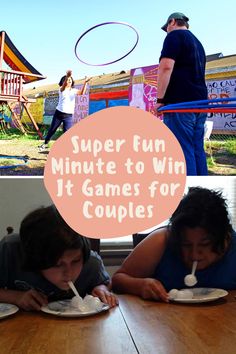 two children eating ice cream at a table with the caption super fun minute to win it games for couples