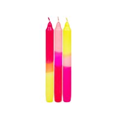 These bright, eccentric ombre coloured candlesticks are perfect for adding a splash of Spring colour to your home. Crafted from high-quality unscented wax, these candles are not just visually appealing, but also long-lasting. Simply insert them into a candle holder and use them as a decoration, or light them up and enjoy up to 7.5 hours of their soothing glow. Measuring 19.5cm tall and 2cm wide, these candles come in a pack of three, each with a unique ombre design in pink, orange and yellow. Whether you're hosting a special dinner party or just enjoying some quiet time at home, these candles are sure to impress your guests and add a touch of elegance to any occasion. Candle Size: 19.5cm tall and 2cm wide Burn time: 7.5 hours Pack Size: Contains 3 candlesticks, in pink, orange and yellow d Easter Dinner Table Decorations, Orange Dinner, Orange Dip, Dinner Table Decorations, Colourful Candles, Easter Dinner Table, Dinner Setting, Yellow Candles, Eccentric Style