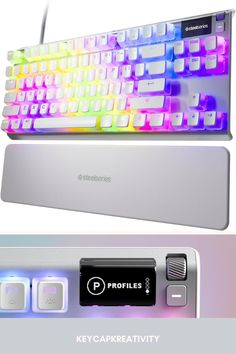 the keyboard has two different colors and is white, blue, pink, yellow or green