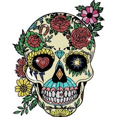 a drawing of a skull with flowers on it