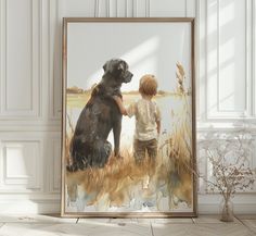 a painting of a boy and his dog