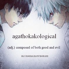 two anime characters looking at each other with the caption agathhoka kolological adj composed of both good and evil