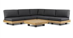 the corner sofa is made out of wood and black fabric