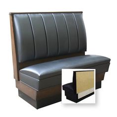 a black and brown bench with an open seat cushion on it's side, in front of a white background