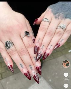 Valentines Day Nails Goth, Valentines Nails Goth, Valentines Goth Nails, Goth Valentine Nails, Red Witchy Nails, Alt Valentines Nails, Emo Valentines Nails, Heart Nail Tips