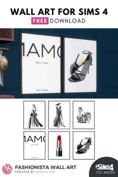 an advertisement for the new fashionistaa wall art collection, featuring high heeled shoes and