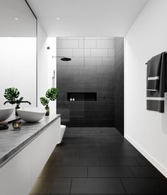 a black and white bathroom with two sinks, a large mirror and a plant in the corner