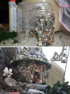 there are two pictures one has a bird house and the other has rocks in it