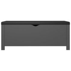 a gray bench with a black seat on the bottom and an open drawer underneath it