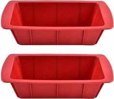 two red plastic storage bins on white background