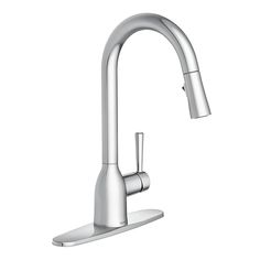 a kitchen faucet with chrome finish on the side and an angled spout