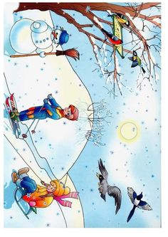 an illustration of a man falling off his skis in the snow with birds flying around