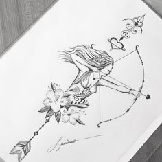 a drawing of a girl with an arrow and flowers on her arm, shooting the bow