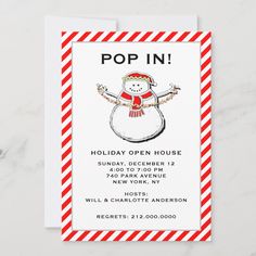 a holiday open house flyer with a snowman on it