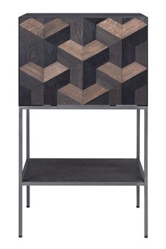 a wooden cabinet with metal legs and an abstract design on the front, along with a shelf