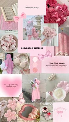 a collage of pink and white items