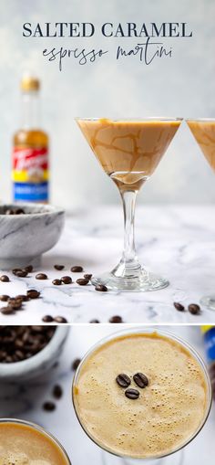 salted caramel espresso martini in glasses with coffee beans on the side