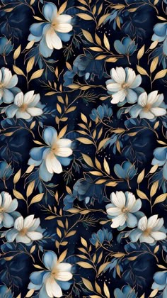 blue and white flowers with gold leaves on a black background seamless wallpaper pattern