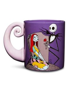 a purple coffee mug with the image of jack and sally from the nightmare before it's gone