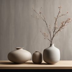 three white vases sitting on top of a wooden table