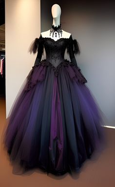 Purple And Black Gown, Black And Purple Prom Dress, Purple And Black Ball Gown, Purple Vampire Outfit, Purple Masquerade Dress, Purple And Black Prom Dress, Goth Quinceanera, Prom Dresses Purple Dark