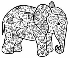 an elephant with flowers and hearts on it's trunk is shown in this coloring page