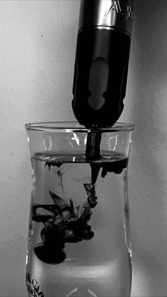 a black and white photo of a glass vase with water in it, filled with plants