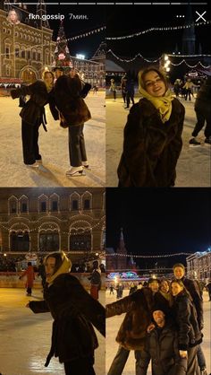 people are posing for pictures in front of a building at night and on the street