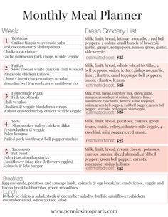 the meal planner is shown in pink and white