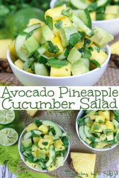 avocado pineapple cucumber salad in white bowls with limes and cilantro