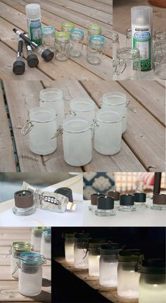 mason jars are lined up on a wooden table