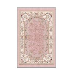 a pink and white rug with an ornate border