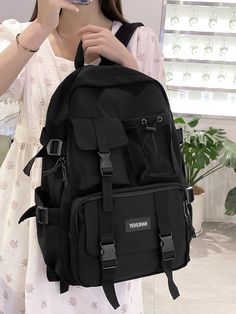 165830805160ef69341bcbb500b80e5fb7fabb57b7.jpg Cute Black Backpack, Back To School For Teens, Black School Bags, High School Backpack, Cute School Bags, Stylish School Bags, Bag Patches, Functional Backpack, Backpack For Teens