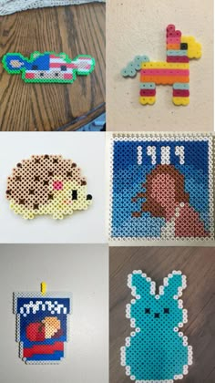 several pictures of different items made out of perler beads