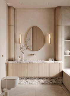 a bathroom with a sink, mirror and bathtub in the middle of it's walls