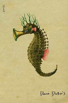 a drawing of a sea horse holding a horn